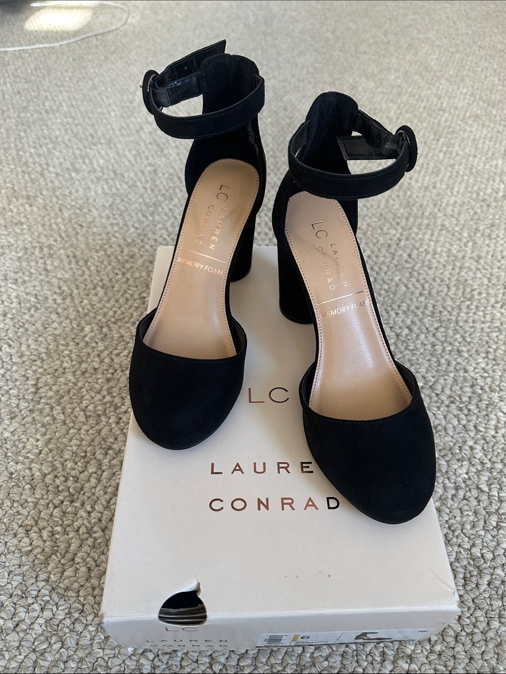 LC Lauren Conrad Black Suede-Look Ankle Strap Block Heels